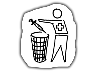 Drawing of a medical worker disposing a syringe.