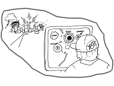 Drawing of a person viewing a map showing an explosion occuring.