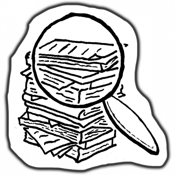 Graphic of a magnifying glas over a stack of books and documents.