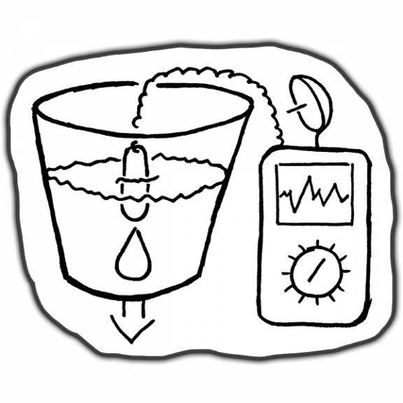 Graphic of a device checking the quality of soil in a pot.