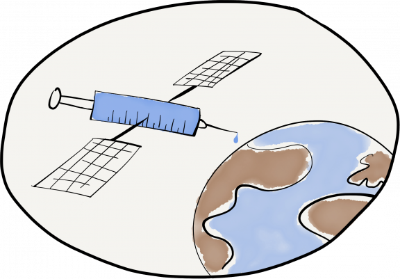 Satelite in the form of a ceringe