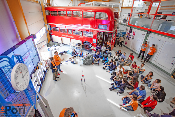 A view from inside the IdeaSquare building with its icon London Bus
