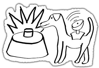 Drawing of a dog wearing a satellite dish finding a land mine.