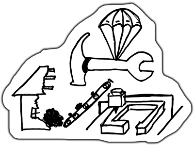 Drawing of a hammer dropping in on a parachute to create housing