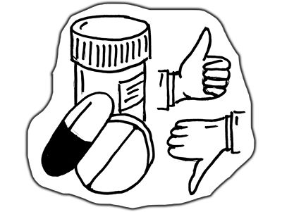 Drawing of a pill bottle getting a thumbs-up or thumbs-down.