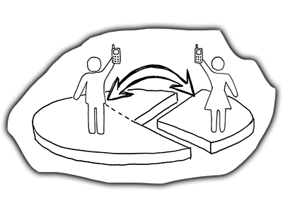 Drawing of a pie-chart with people standing on pieces with smartphones.