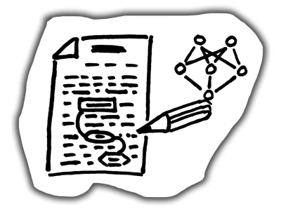 Drawing of a text document and a pencil circling different sections.