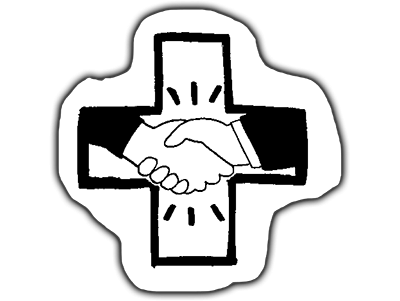 Drawing of a medical cross and a handshake.
