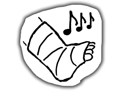 Drawing of a foot in a cast with music playing