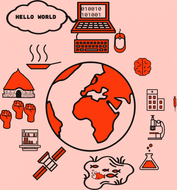 Graphic of a globe with surrounding tools such as a computer and a beaker.