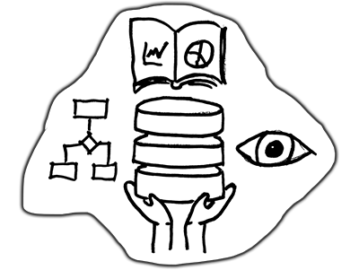 Drawing of a database surround by a chart, a book, and an eye