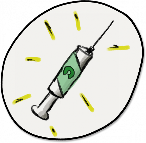 Drawing of a syringe with the Open Source logo on the label
