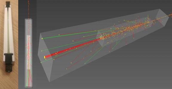 Graphic showing a simulation of a cosmic muon hitting a detector