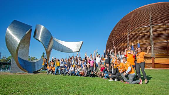 THE Port hackathon participants outside of CERN's Globe in 2019