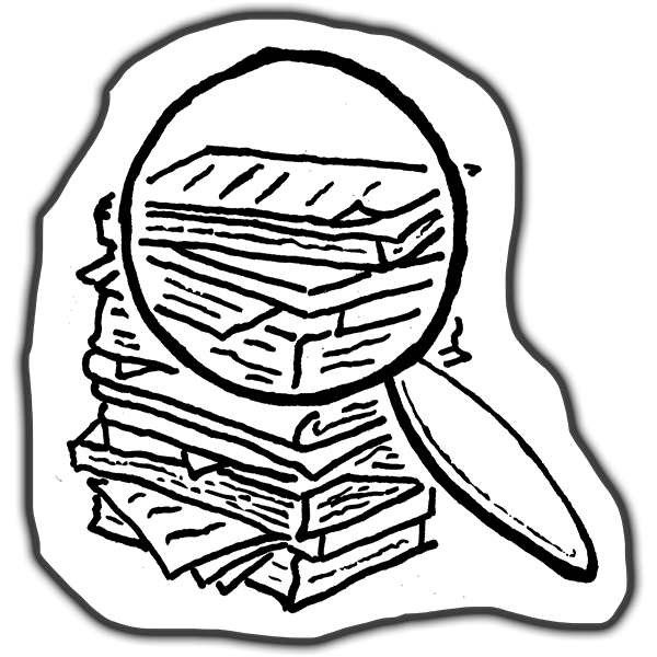 Graphic of a magnifying glas over a stack of books and documents.