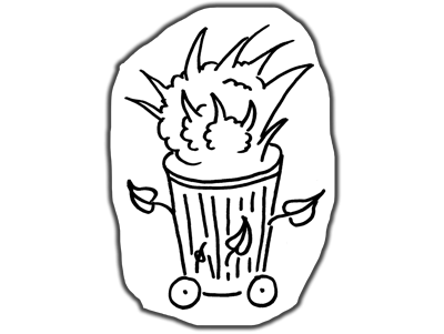 Drawing of a trash can with wheels with fire coming out the top.
