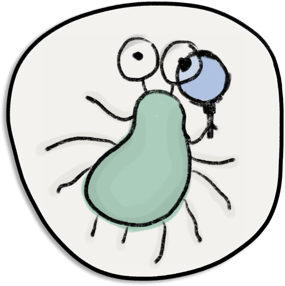 Drawing of an insect holding a magnifying glass